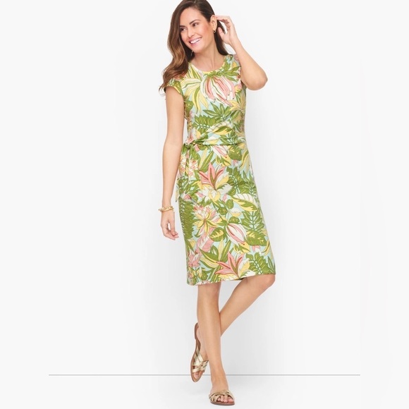 Talbots Dresses & Skirts - Talbots Tie-Detail Knit Shift Dress – Tropical Green & Pink Print – Size Large